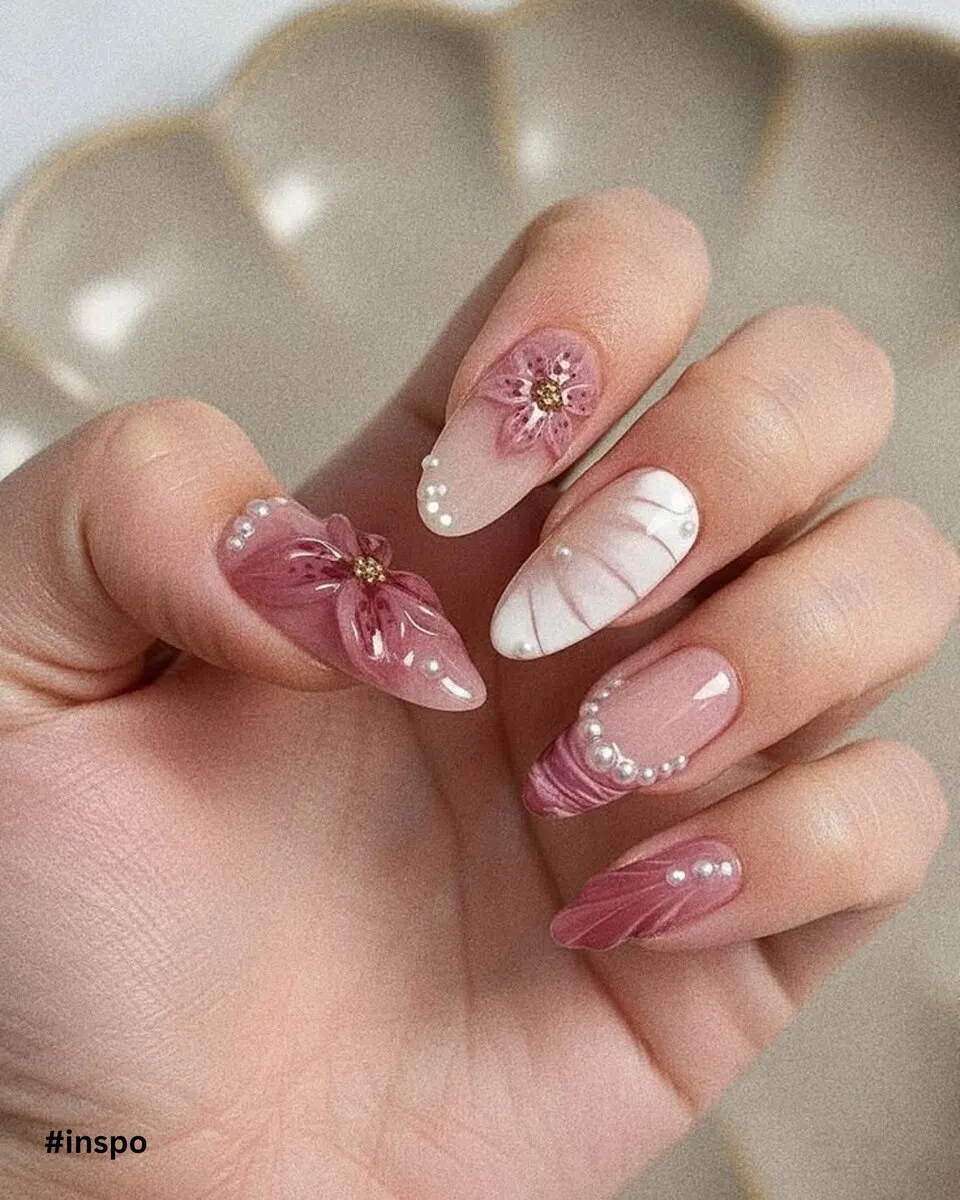 Soft nude nails with white 3D flowers and marble detailing
