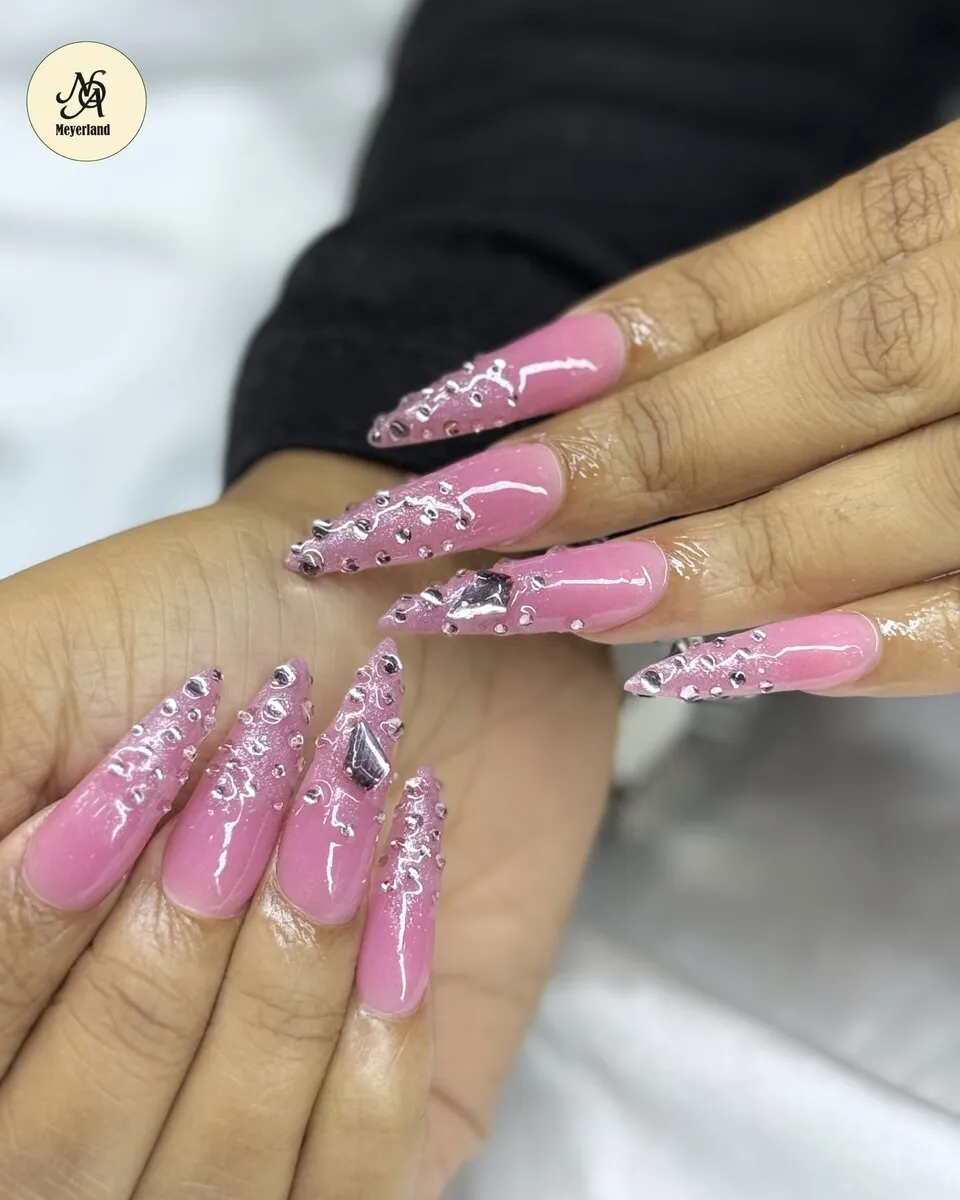Pink ombré coffin nails with silver glitter and rhinestone detail